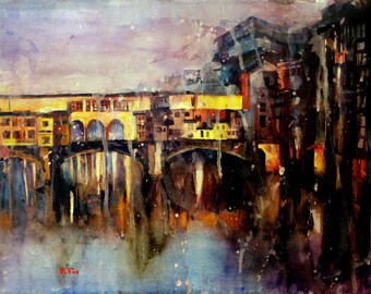 Ponte Vecchio bridge in Florence, Italy- fine art watercolor painting of Ponte Vecchio. Colorful painting, home decor, wall art Florence