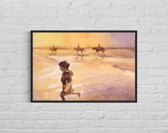 Child and horses on beach on Ocracoke Island at sunset- Outer Banks, North Carolina.  Beach watercolor.  Horse artwork watercolor (print)