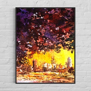 Watercolor skyline Raleigh, North Carolina sunset art painting, colorful wall art handmade home decor architecture giclee decor (print)