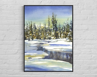 Painting winter snow landscape art.  Snowy mountain & stream landscape artwork.  Watercolor painting mountain winter scene art decor (print)