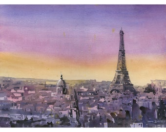 Watercolor painting Eiffel Tower Paris France sunset art, French decor Paris wall art French landscape travel poster Eiffel Tower (print)