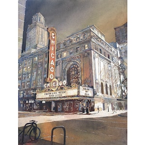 Acquerello dipinto Chicago Theatre Chicago Illinois tramonto arte architettura stampa decorazione da parete articoli da viaggio essenziali fatto a mano arte (stampa)