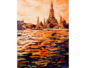 タイのワット・アルン水彩画ジクレープリント、カラフルなアート