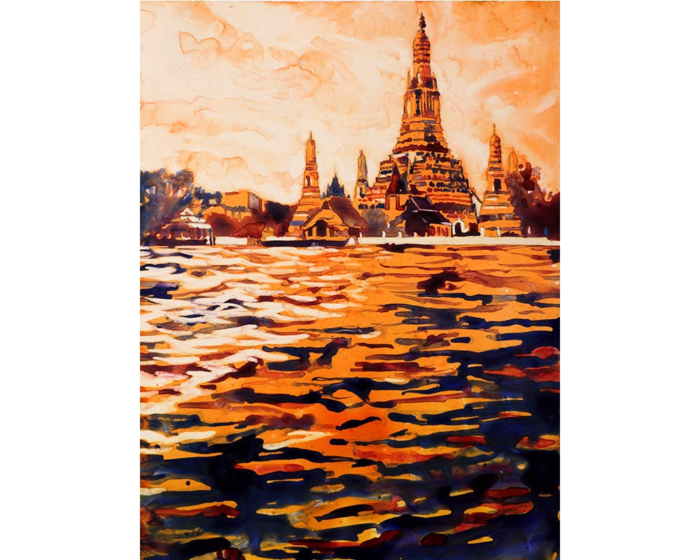 タイのワット・アルン水彩画ジクレープリント、カラフルなアート