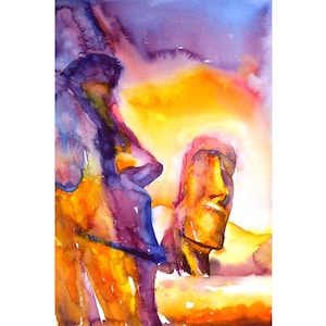 Painting moai statues Easter Island, Chile, trendy wall art handmade item sunset print Chilean landscape sunset giclee decor (art print)