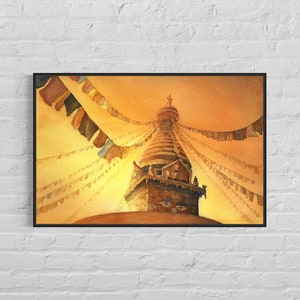 Buddha Eyes painted on Swayambhunath Stupa in the Kathmandu Valley, Nepal. Nepal painting. Nepal art Stupa sunset Buddhism art wall (print)