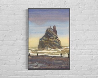 Iceland landscape painting Black Sand Beach near Vik handmade item travel poster colorful watercolor coastal decor art giclee (print)