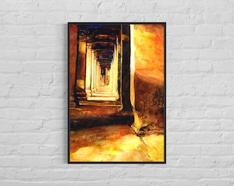 Colorful watercolor Angkor Wat Cambodia archaeology, sunset art travel wall poster Asian decor watercolor giclee handmade home decor (print)