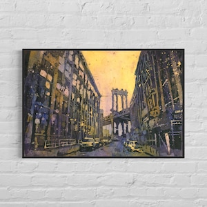 Painting New York City skyline artwork  Manhattan Bridge NY City batik watercolor fine art New York City Bridge artwork home decor (print)