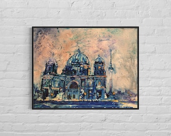 Cathedral in Berlin, Germany at night.  Fine art watercolor painting of Cathedral in downtown Berlin Germany, fine art Berlin art (print)