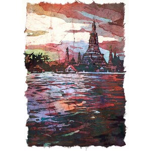 Wat Arun silhouetted at sunset from across Chao Praya river- Bangkok, Thailand.  Wat Arun art watercolor painting Bangkok decor wall (print)