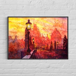 Batik painting of sunrise over Charles Bridge the medieval city of Prague-Czech Republic. Prague painting.  Watercolor landscape (art print)