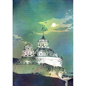 Quito Ecuador church, Ecuador at sunset.  Colorful watercolor wall art green painting fine art giclee watercolor green artwork Quito (print)