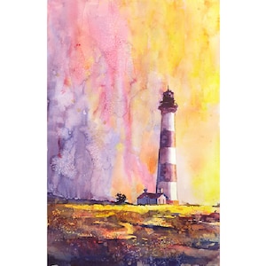 Bodie Island Lighthouse at sunset North Carolina coast- art watercolor painting. Art print giclee, watercolor painting lighthouse (print)