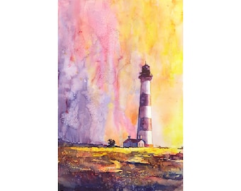 Bodie Island Lighthouse at sunset North Carolina coast- art watercolor painting. Art print giclee, watercolor painting lighthouse (print)