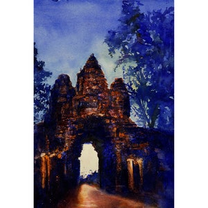 Watercolor painting Angkor Wat Cambodia ruins SE Asia trendy wall decor, handmade item travel essentials landscape Asian artwork (print)