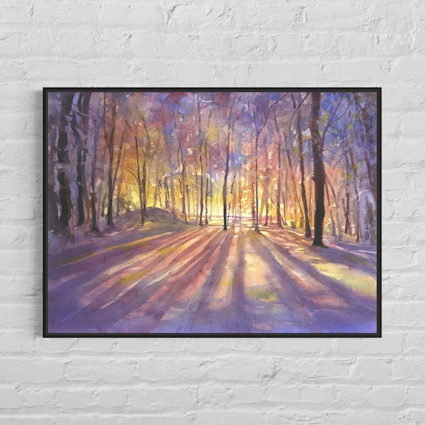 Landscape painting of forest at sunset housewarming gift, trending now home decor watercolor trees fine art wall handmade artwork (print)