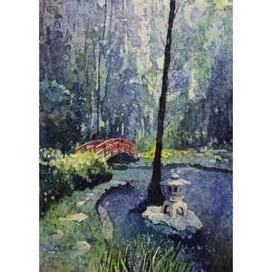 Duke Gardens watercolor painting- fine art batik watercolor on rice paper.  Duke Gardens artwork Japanese bridge Duke University art (print)