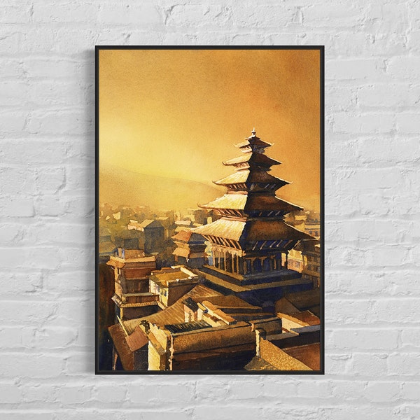 Painting of Nyatapola Temple in Bhaktapur- Kathmandu Valley, Nepal,  Fine art watercolor landscape painting wall decor Nepal temple (print)