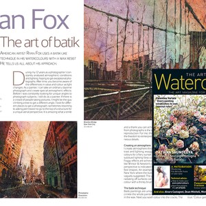 May include: A magazine spread featuring an article about artist Ryan Fox and his batik watercolor techniques. The cover of "The Art of Watercolour" magazine is visible, along with cityscape paintings and text.