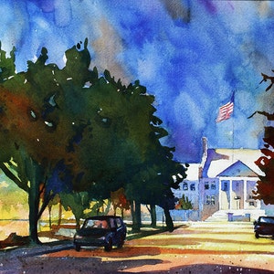 May include: Watercolor painting of a building with an American flag waving in the wind. The scene is framed by trees and a road with cars. The sky is a mix of blues and purples.