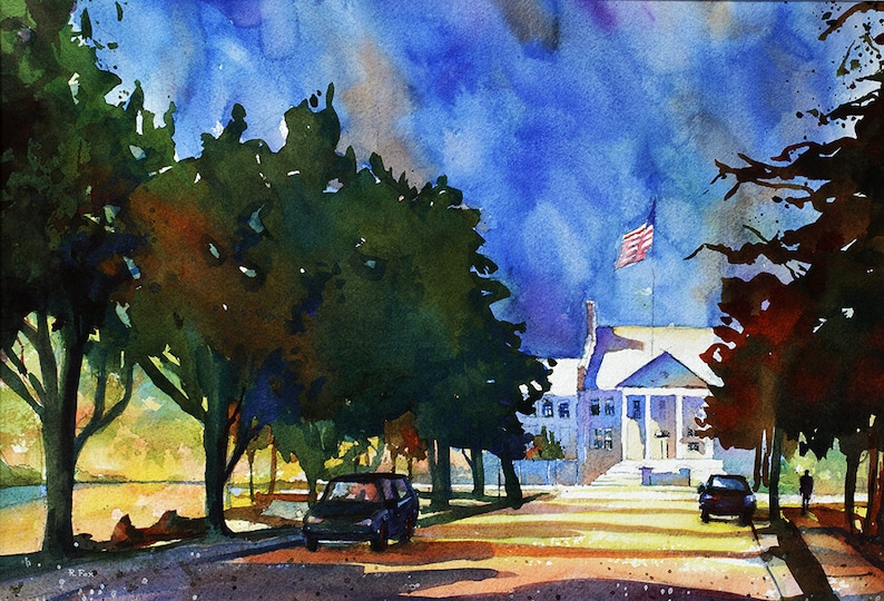 May include: Watercolor painting of a building with an American flag waving in the wind. The scene is framed by trees and a road with cars. The sky is a mix of blues and purples.