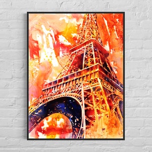 May include: A watercolor painting of the Eiffel Tower in Paris, France. The tower is painted in shades of orange, yellow, and red, with a blue sky in the background.