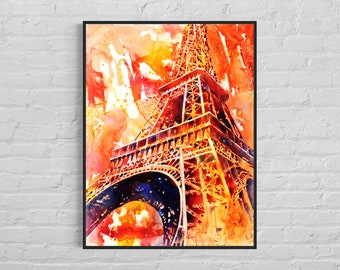 Watercolor painting Eiffel Tower Paris France sunset artwork, handmade item travel essentials art for house Parisian decor giclee (print)