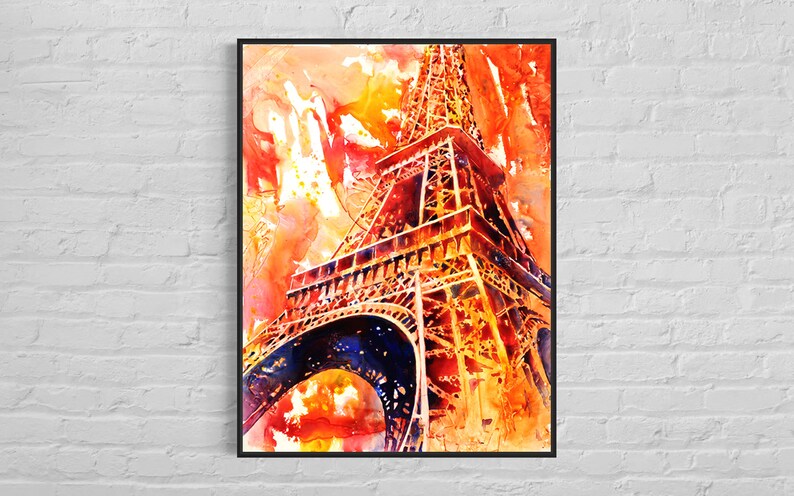 May include: A watercolor painting of the Eiffel Tower in Paris, France. The tower is painted in shades of orange, yellow, and red, with a blue sky in the background.