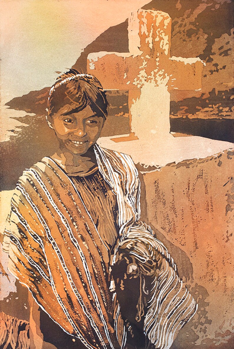 Girl in front of cross painting Watercolor painting Lake Atitlan Guatemala art watercolor painting girl giclee Lake Atitlan Guatemala