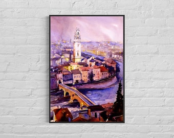 Verona, Italia pintura de acuarela de bellas artes, decoración italiana del hogar arte de la pared giclee, colorido arte de acuarela impresión Italia paisaje iglesia (impresión)