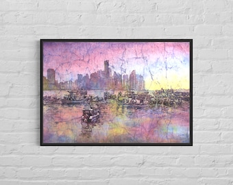 Colorful sunset Panama City skyline harbor trendy wall art handmade item nautical boat travel essential Central America harbor (print))