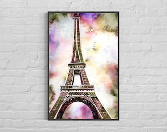 Colorida decoración del hogar Torre Eiffel puesta de sol París Francia, artículo hecho a mano artículos esenciales de viaje pintura de paisaje Europa arquitectura giclee (impresión)