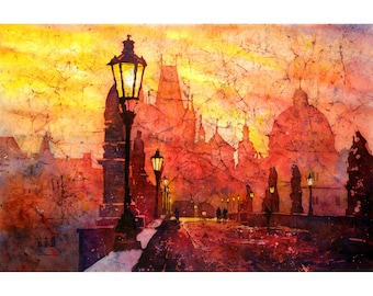 Charles Bridge Prague-Czech Republic watercolor landscape (art print)
