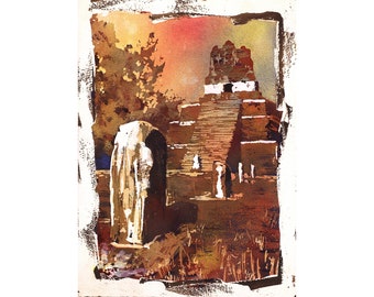 Maya-Ruinen Tikal - Guatemala Aquarell original Malerei bildende Kunst bunt Bild Mittelamerika Dekoration Haus (original kunstwerk)