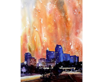Raleigh NC skyline painting watercolor landscape trendy wall art, handmade item interior design architecture print travel essential (print)