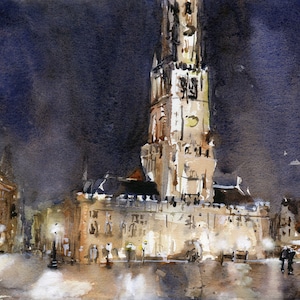 Watercolor painting Bruges Belgium, belfry skyline artwork handmade item architecture print trendy wall art landscape painting city (print)