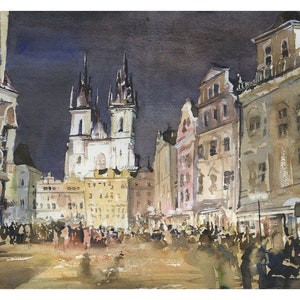 May include: A watercolor painting of a city square at night, with a large church in the background and a crowd of people in the foreground. The church has two tall towers and is lit up by streetlights. The people are walking around and talking to each other.