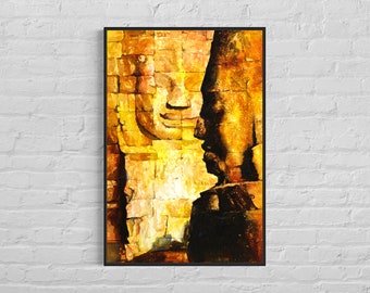 Watercolor painting Bayon Khmer temple SE Asia fine art archaeology Angkor Wat Cambodia, trendy art colorful home decor travel gift (print)