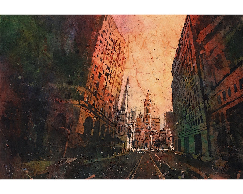 Watercolor Painting Philadelphia City Hall Sunset Batik, Trendy Wall ...