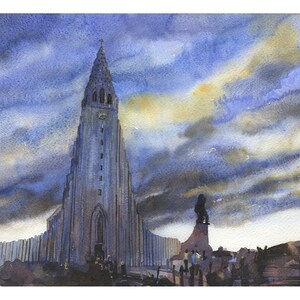 Hallgrimskirkja Kirche Aquarell Druck, Reykjavik Island Sonnenuntergang Kunst, Innenstadt Landschaftsmalerei, Reise Wanddekor, Nordic Haus Akzent