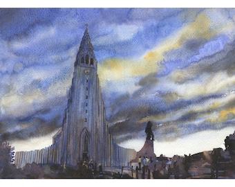 Watercolor Reykjavik Iceland Hallgrimskirkja Church Sunset Art, Downtown Landscape Painting, Travel Wall Decor Nordic Home Accent (print)