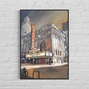 Watercolor painting Chicago Theatre Chicago Illinois sunset art architecture print wall decor travel essentials handmade item art (print)