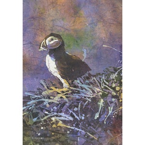 Stampa artistica di pulcinella di mare ad acquerello - Dipinto di fauna selvatica islandese, Decorazione colorata per la cameretta dei bambini, Opera d'arte di uccelli in batik, Arte murale di viaggio, Decorazione naturale per la casa