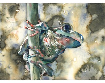 Pintura colorida en acuarela de una rana, pintura de animales para habitación infantil (original)