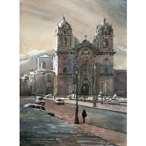 Cusco Peru colorful wall art Cathedral watercolor painting Peruvian decor, religious architecture Sacred Valley travel essentials (print)