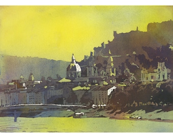 Acuarela original de Salzburgo, paisaje austriaco.