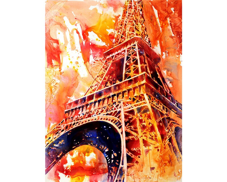May include: A watercolor painting of the Eiffel Tower in Paris, France. The tower is painted in shades of orange, yellow, and red, with a blue sky in the background.