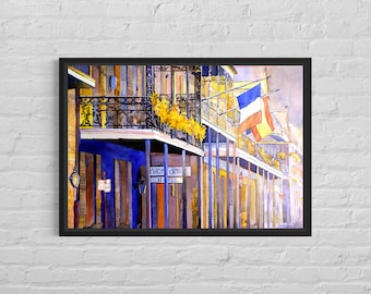 New Orleans Aquarellmalerei Louisiana French Quarter buntes Stadtbild trendige Wandkunst handgemachtes Objekt Reiseutensilien Giclée (Druck)