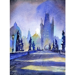 Charles Bridge in medieval city of Prague at sunrise- Czech Republic. Watercolor painting of Prague St. Charles Bridge, home decor (print)